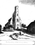 "Koci parafialny w Chodlu od strony zachodniej", rys. akw. tusz. wyk. J.Polkowski, 1854